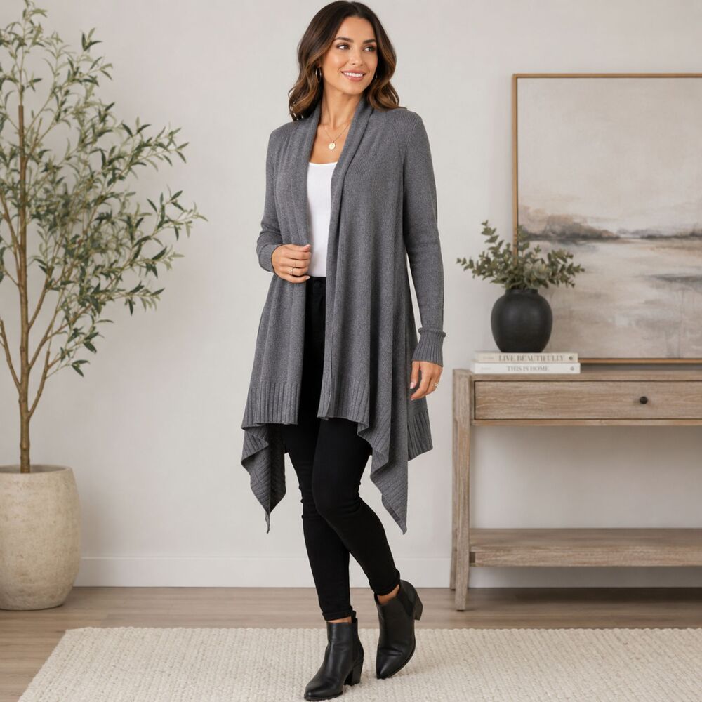INC Cardigan Womens XL Gray Draped Handkerchief Hem Open Front NWT